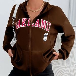 SHEIN Oversized Casual Graphic Brown Zip Up Hoodie